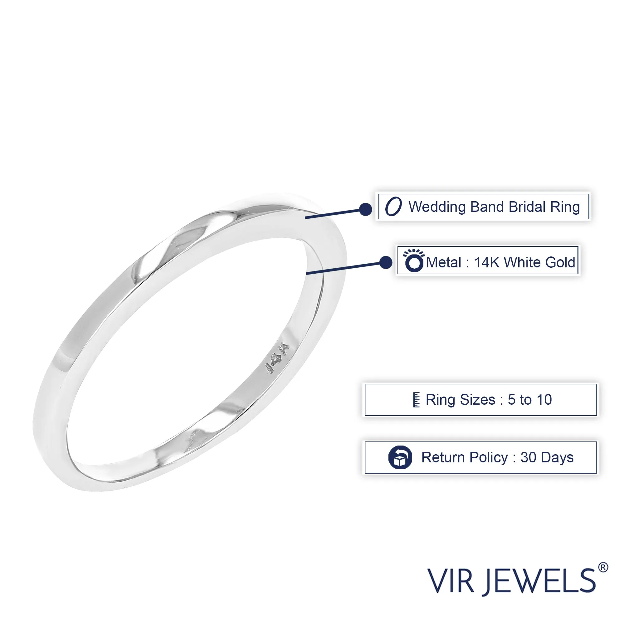 Solid Wedding Band Bridal Ring 14K White Gold Size 7