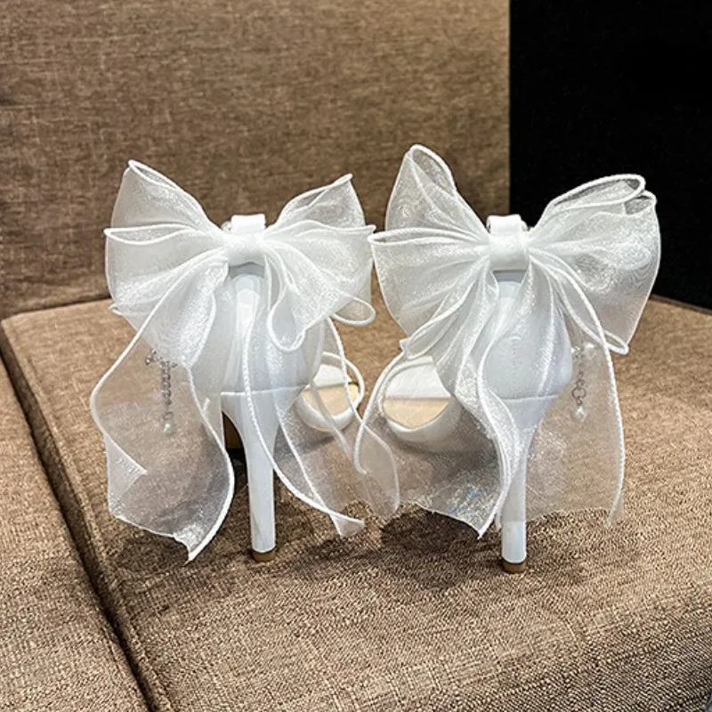 Soulmates Bridal Shop / Pearl lookalikes Strap /  Bow Ankle Wedding Heels for Bride