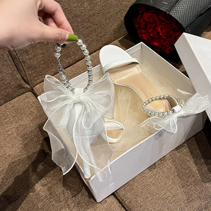 Soulmates Bridal Shop / Pearl lookalikes Strap /  Bow Ankle Wedding Heels for Bride