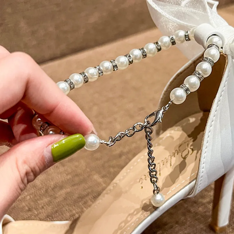Soulmates Bridal Shop / Pearl lookalikes Strap /  Bow Ankle Wedding Heels for Bride