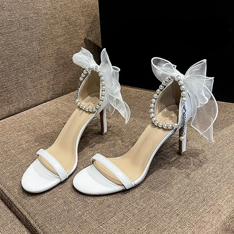 Soulmates Bridal Shop / Pearl lookalikes Strap /  Bow Ankle Wedding Heels for Bride