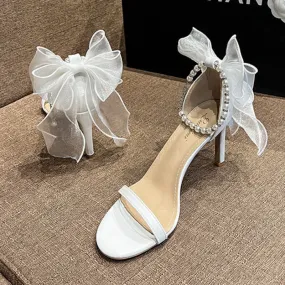 Soulmates Bridal Shop / Pearl lookalikes Strap /  Bow Ankle Wedding Heels for Bride