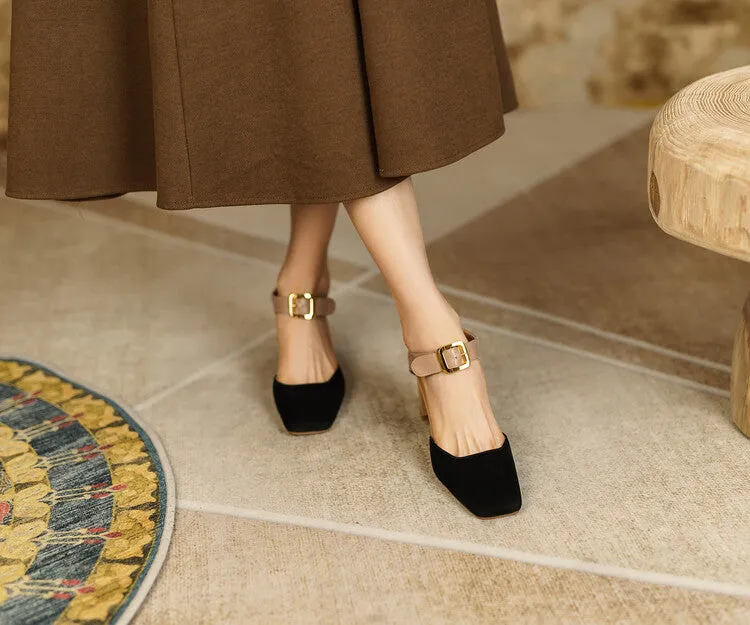 Square Toe Buckle Strap Suede Mary Janes
