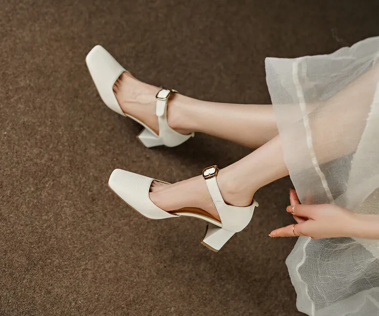 Square Toe Buckle Strap Suede Mary Janes