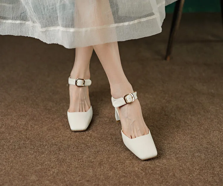 Square Toe Buckle Strap Suede Mary Janes