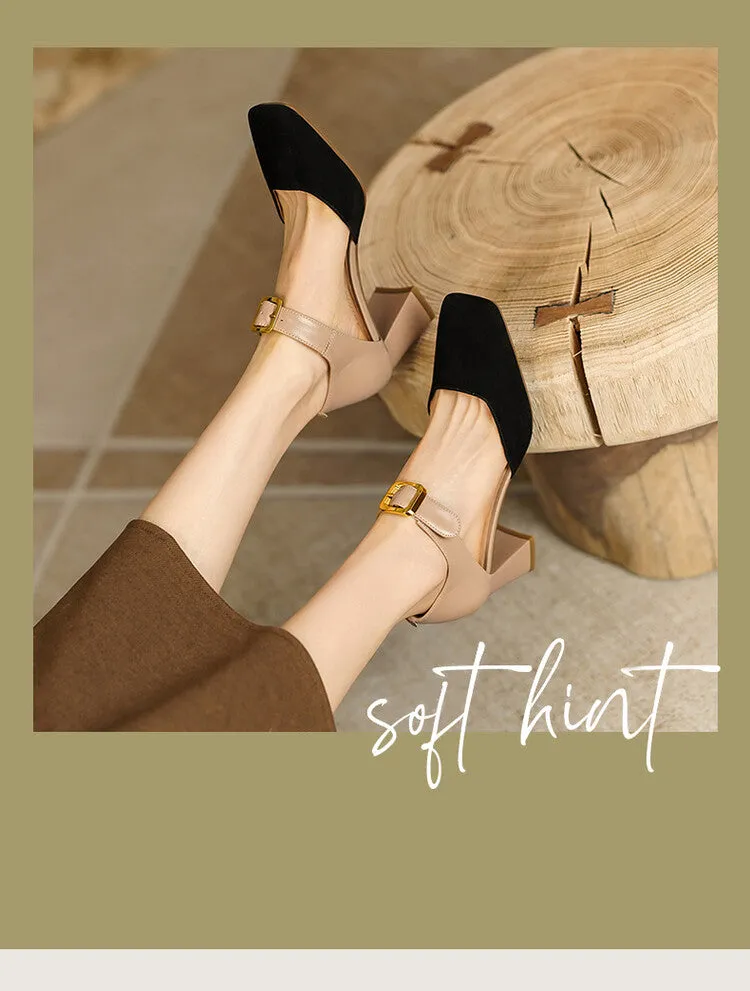 Square Toe Buckle Strap Suede Mary Janes