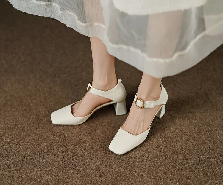Square Toe Buckle Strap Suede Mary Janes