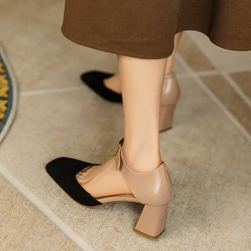 Square Toe Buckle Strap Suede Mary Janes