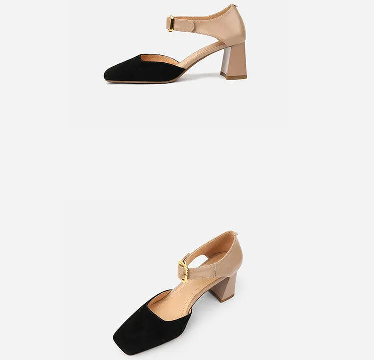Square Toe Buckle Strap Suede Mary Janes