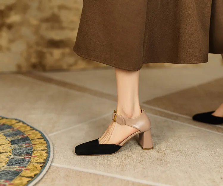 Square Toe Buckle Strap Suede Mary Janes
