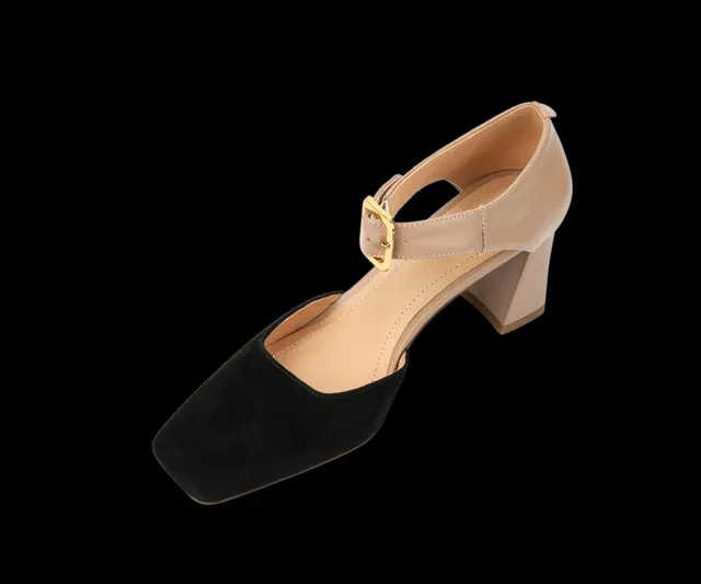 Square Toe Buckle Strap Suede Mary Janes
