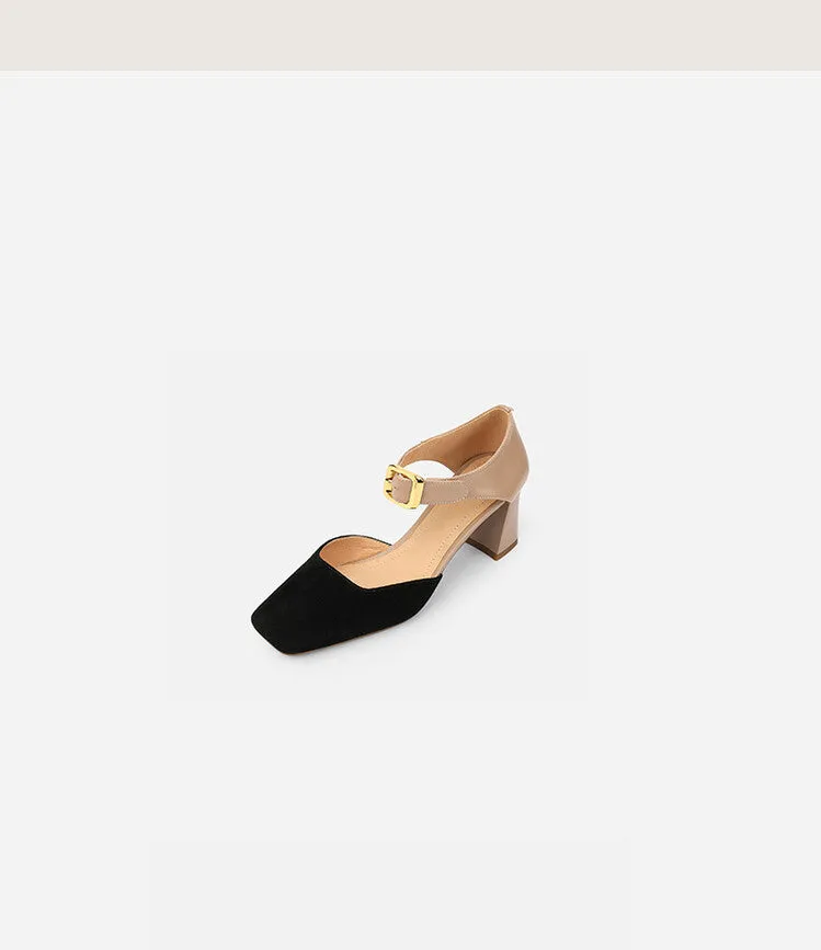 Square Toe Buckle Strap Suede Mary Janes