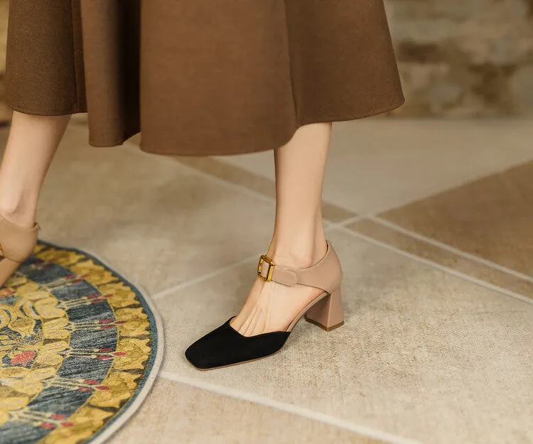 Square Toe Buckle Strap Suede Mary Janes