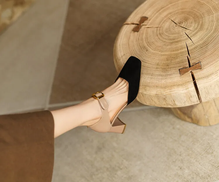 Square Toe Buckle Strap Suede Mary Janes