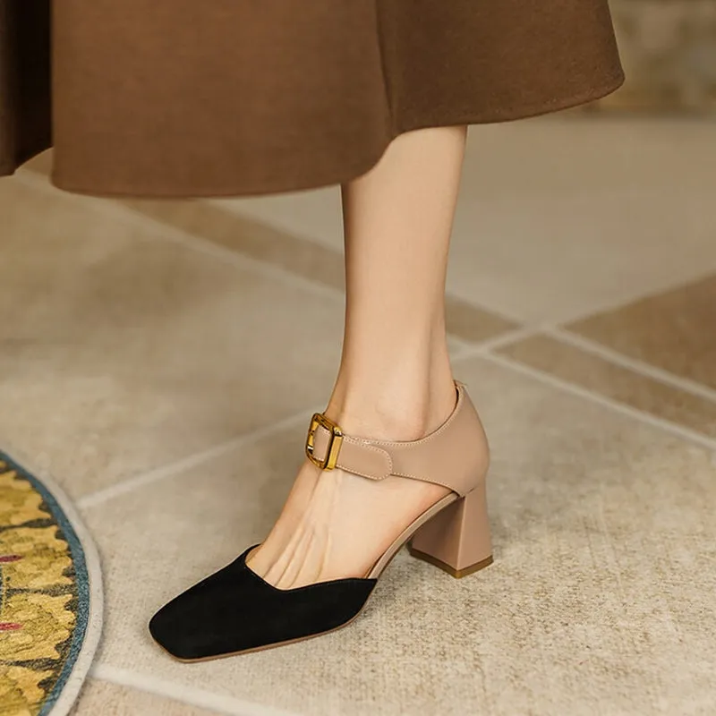 Square Toe Buckle Strap Suede Mary Janes