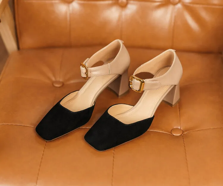Square Toe Buckle Strap Suede Mary Janes