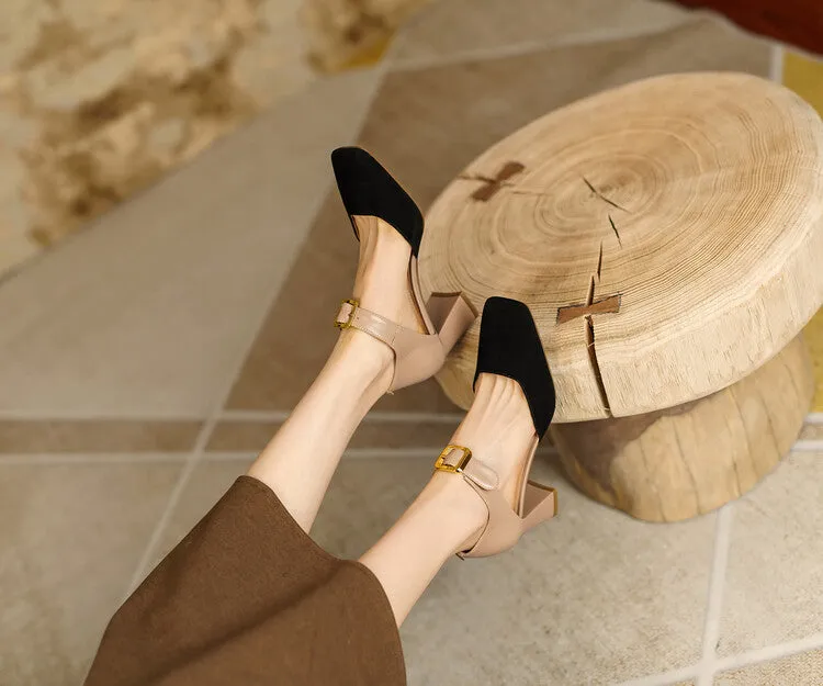 Square Toe Buckle Strap Suede Mary Janes