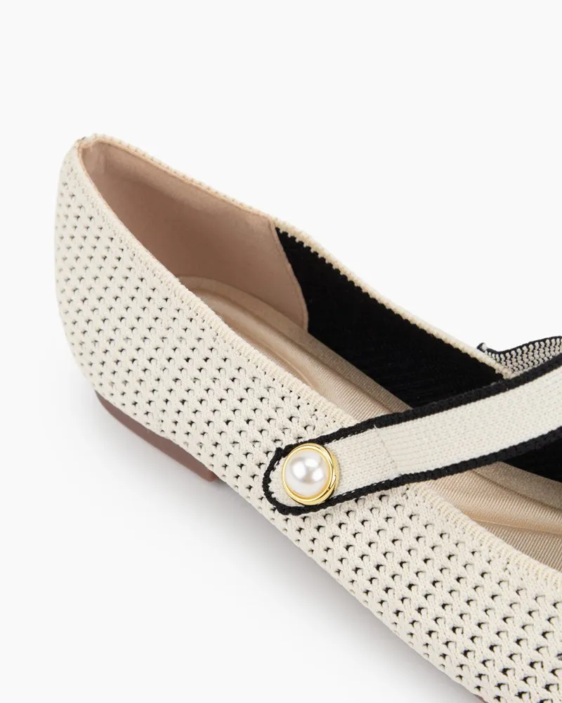 Square Toe Mary Jane Multi-color Flats (Pearl)