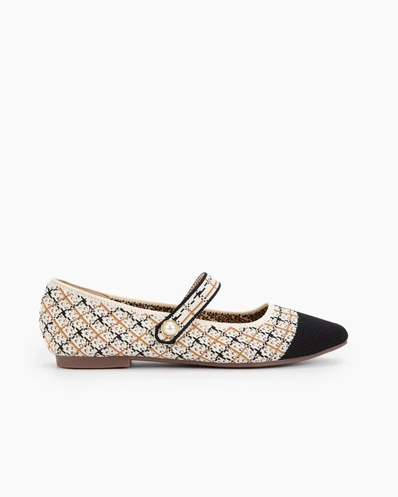 Square Toe Mary Jane Multi-color Flats (Pearl)