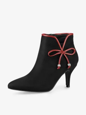 Suede Bow Decor Pointed Toe Stiletto Heel Ankle Boots
