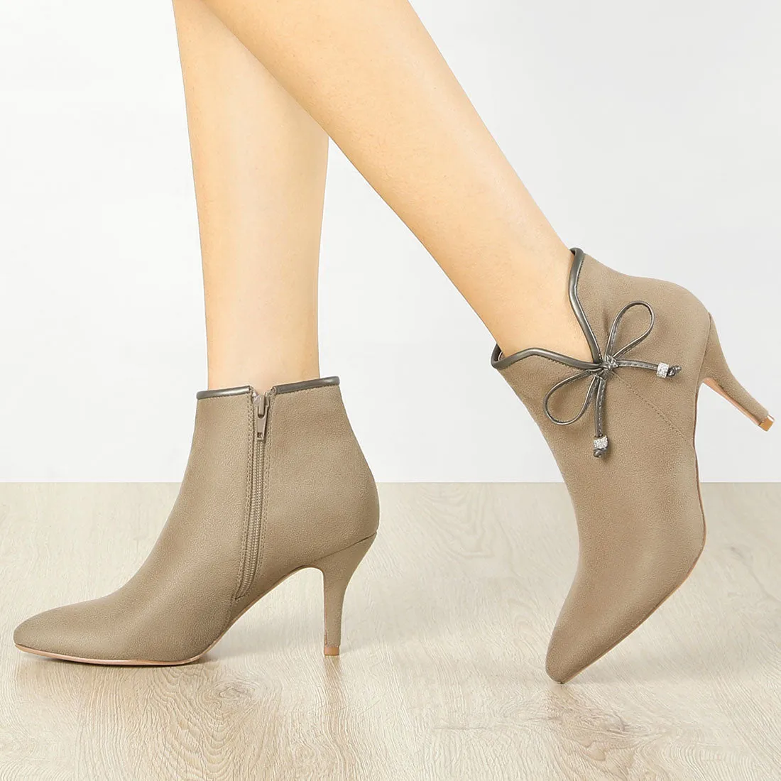 Suede Bow Decor Pointed Toe Stiletto Heel Ankle Boots