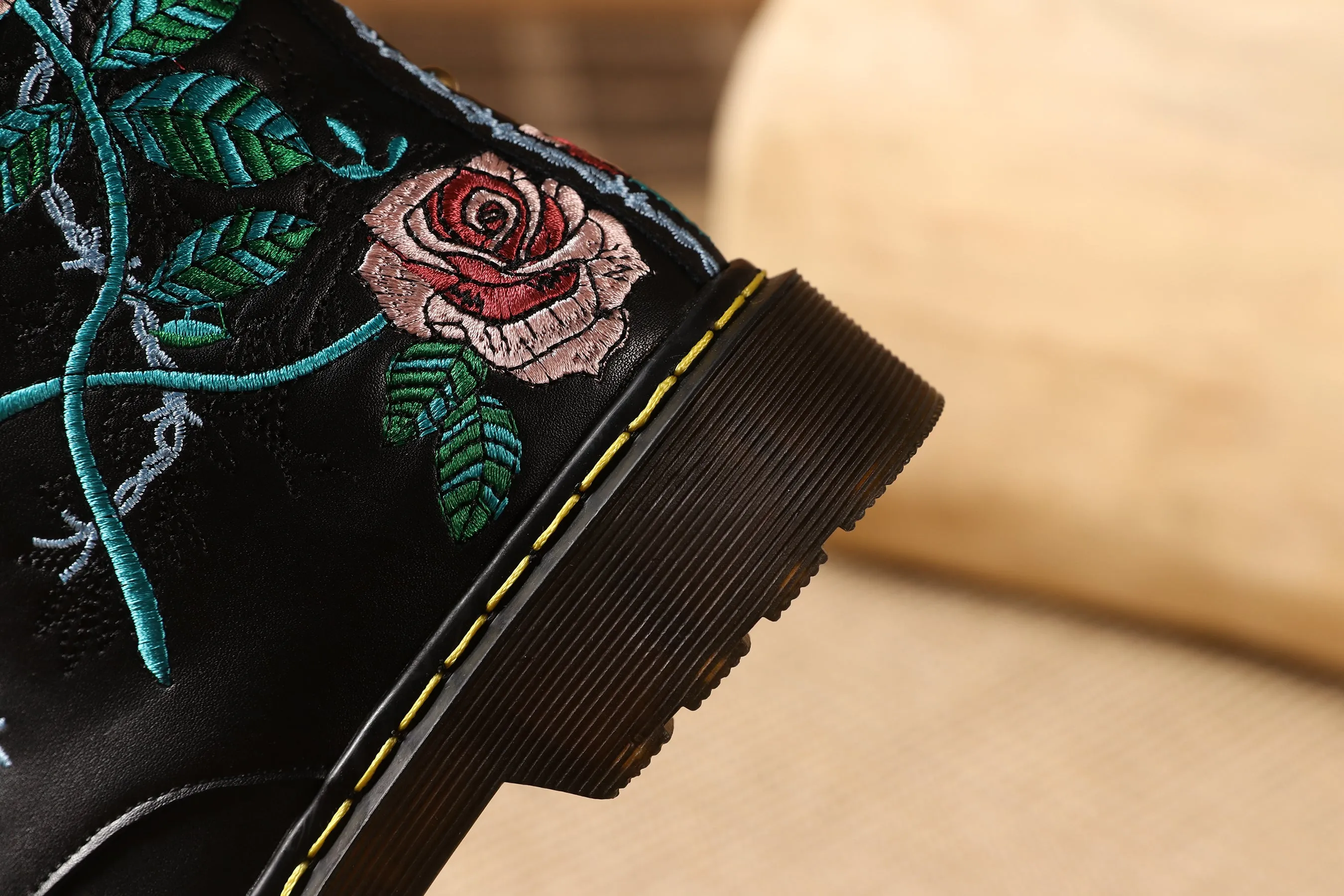 TinaCus Handmade Women's Genuine Leather Ethnic Embroidered Floral Round Toe Low Chunky Heel Front Lace Up Combat Boots