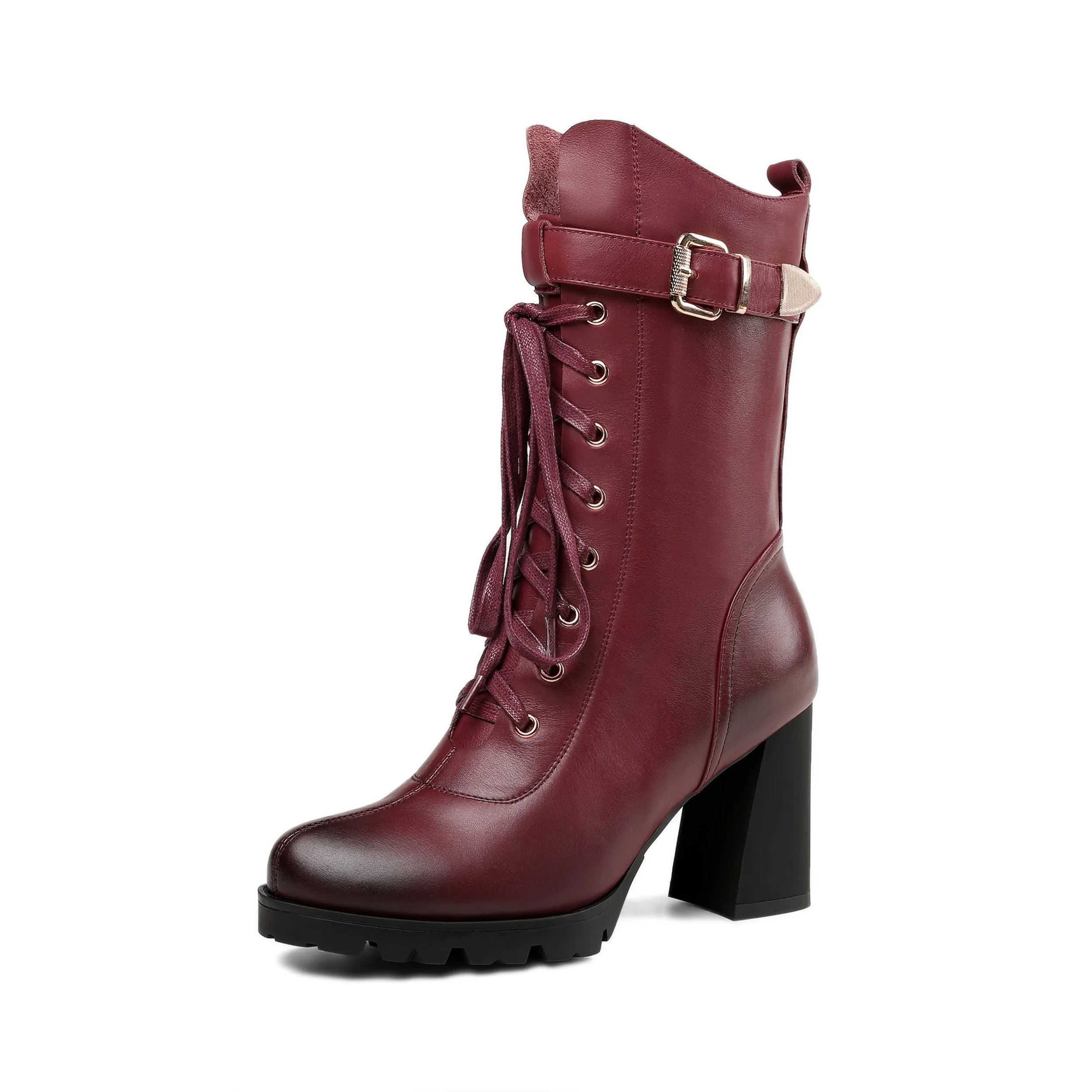 TinaCus Women's Round Toe Genuine Leather Selftie Zip Up Hnadmade High Chunky Heels Boots with Buckle