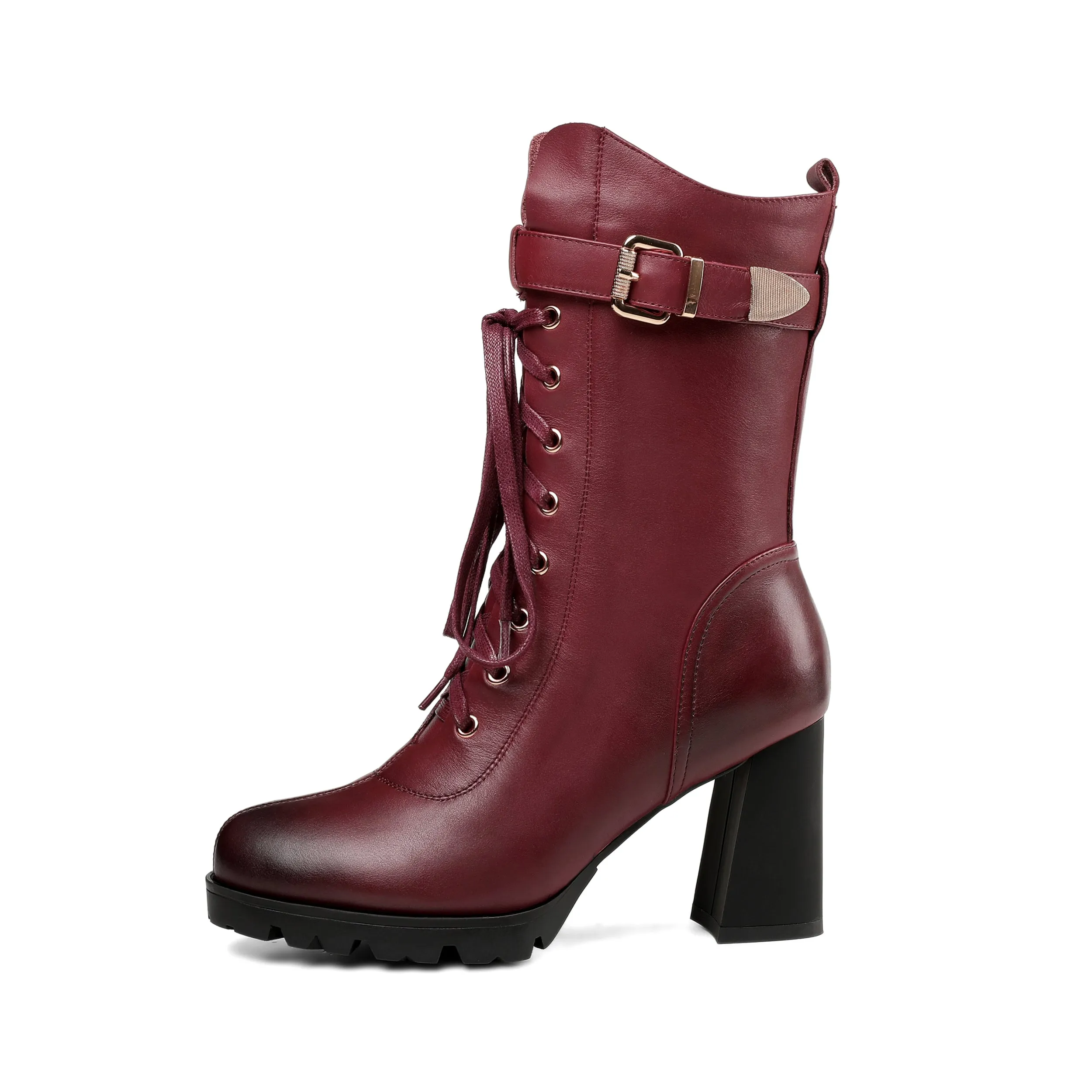 TinaCus Women's Round Toe Genuine Leather Selftie Zip Up Hnadmade High Chunky Heels Boots with Buckle
