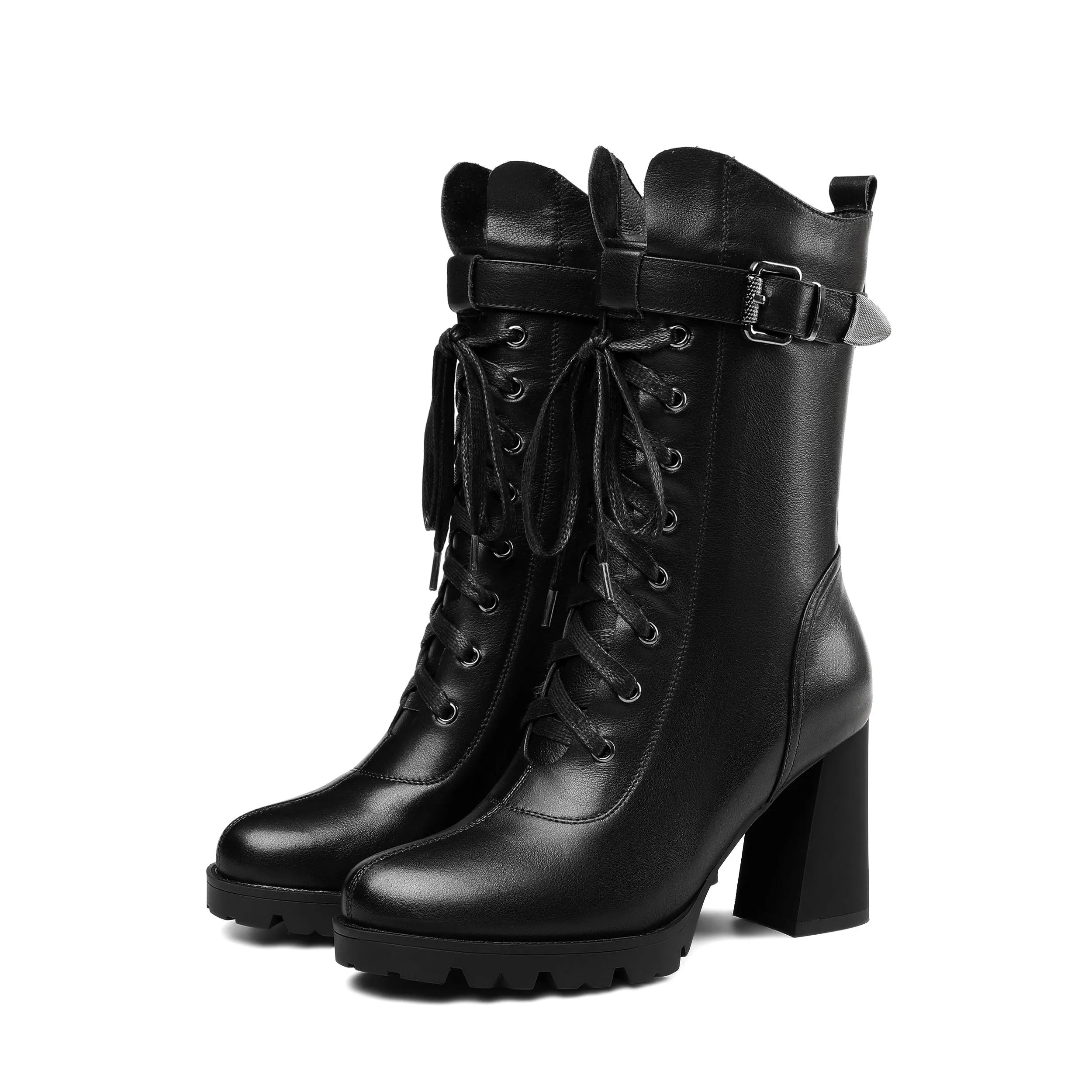 TinaCus Women's Round Toe Genuine Leather Selftie Zip Up Hnadmade High Chunky Heels Boots with Buckle