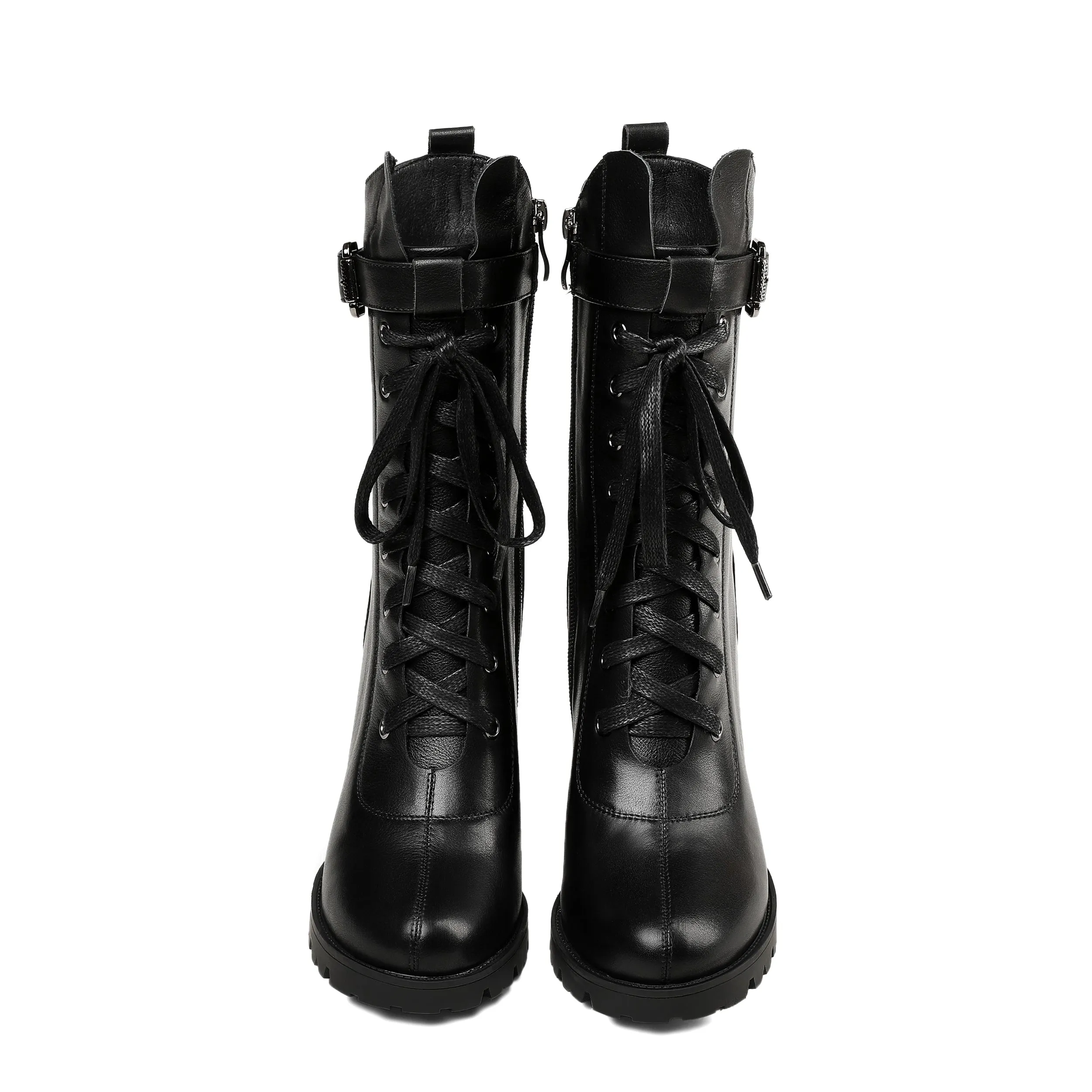 TinaCus Women's Round Toe Genuine Leather Selftie Zip Up Hnadmade High Chunky Heels Boots with Buckle