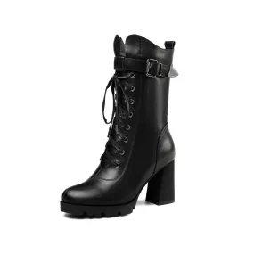 TinaCus Women's Round Toe Genuine Leather Selftie Zip Up Hnadmade High Chunky Heels Boots with Buckle