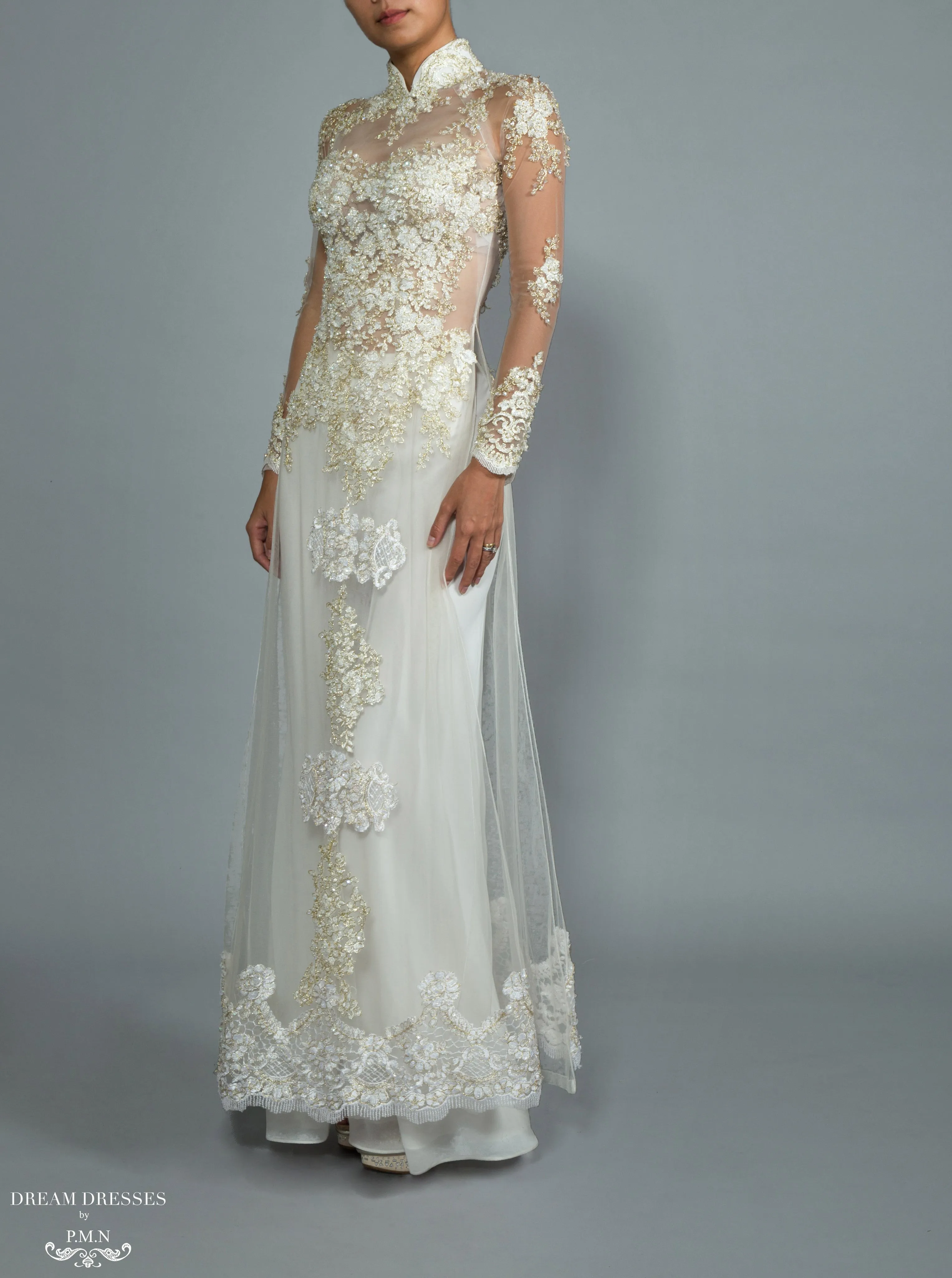 White Bridal Ao Dai | Custom Made Vietnamese Bridal Dress (#NADINE)