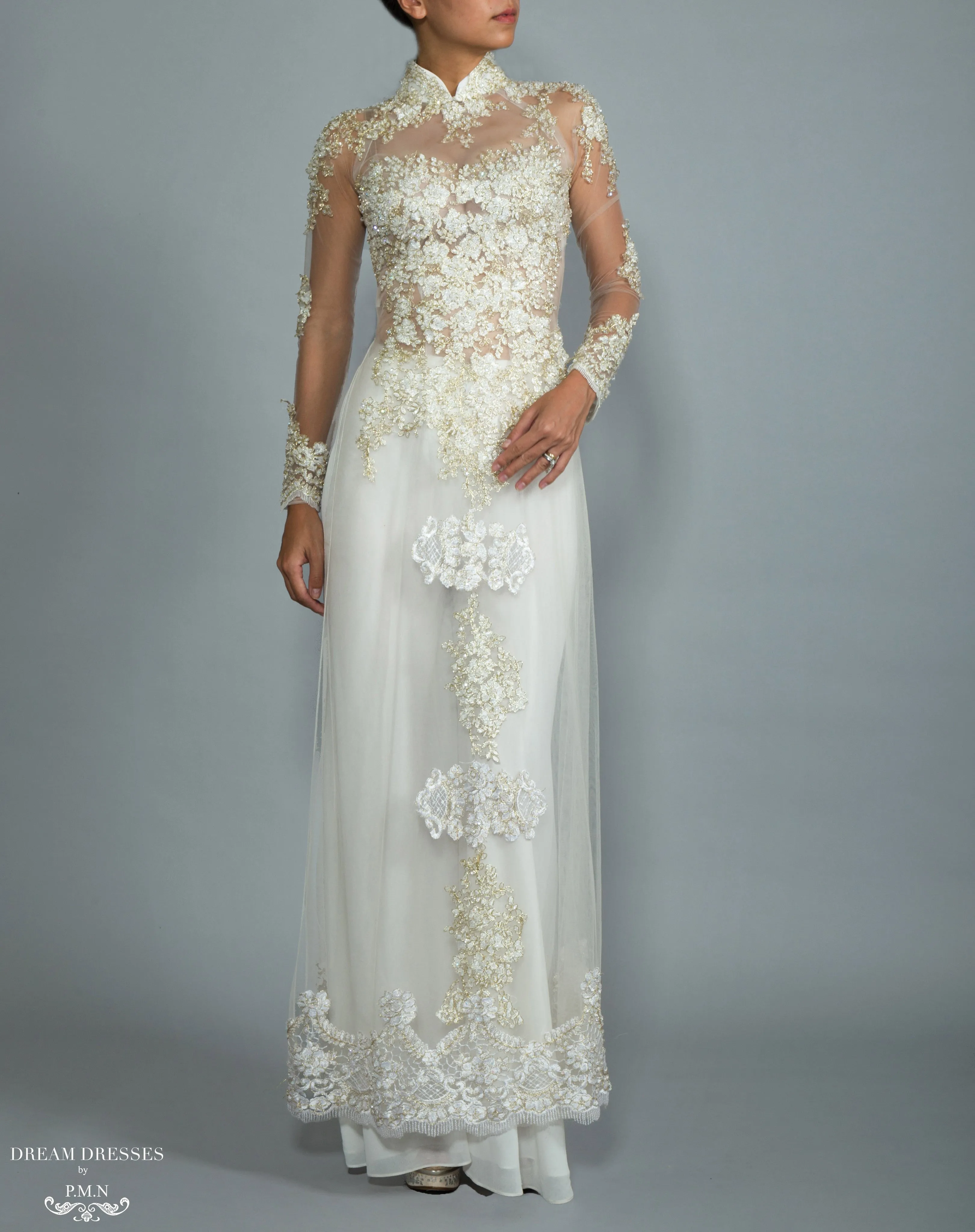 White Bridal Ao Dai | Custom Made Vietnamese Bridal Dress (#NADINE)