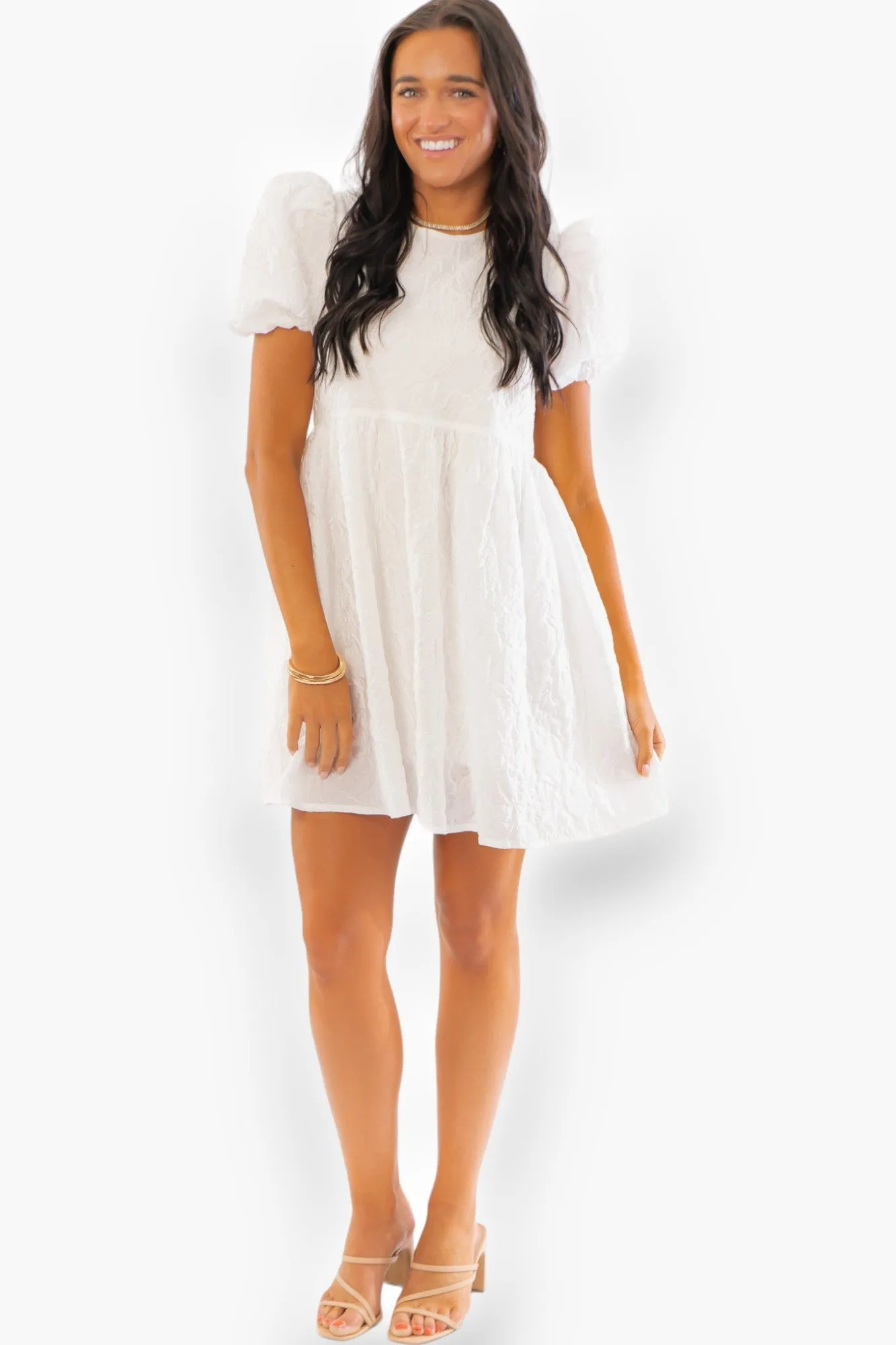 White Puff Sleeve Textured Dress