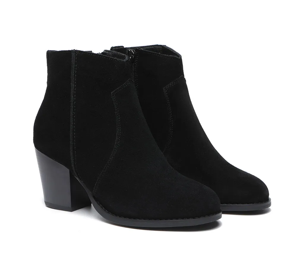 Women Boots Ankle Leather Zipper Block Heels Velora