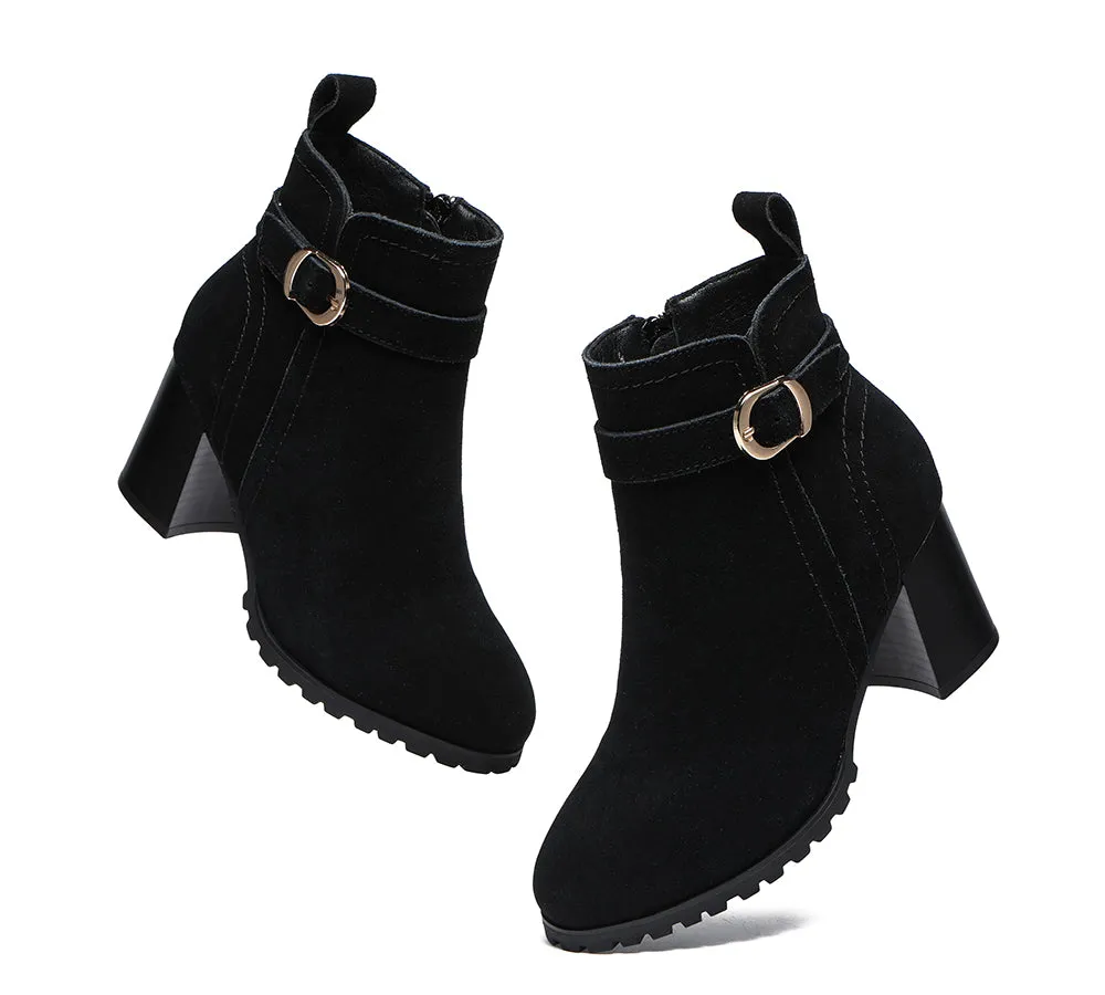 Women Heels Suede Leather Zipper Ankle Block Heel Boots Vica