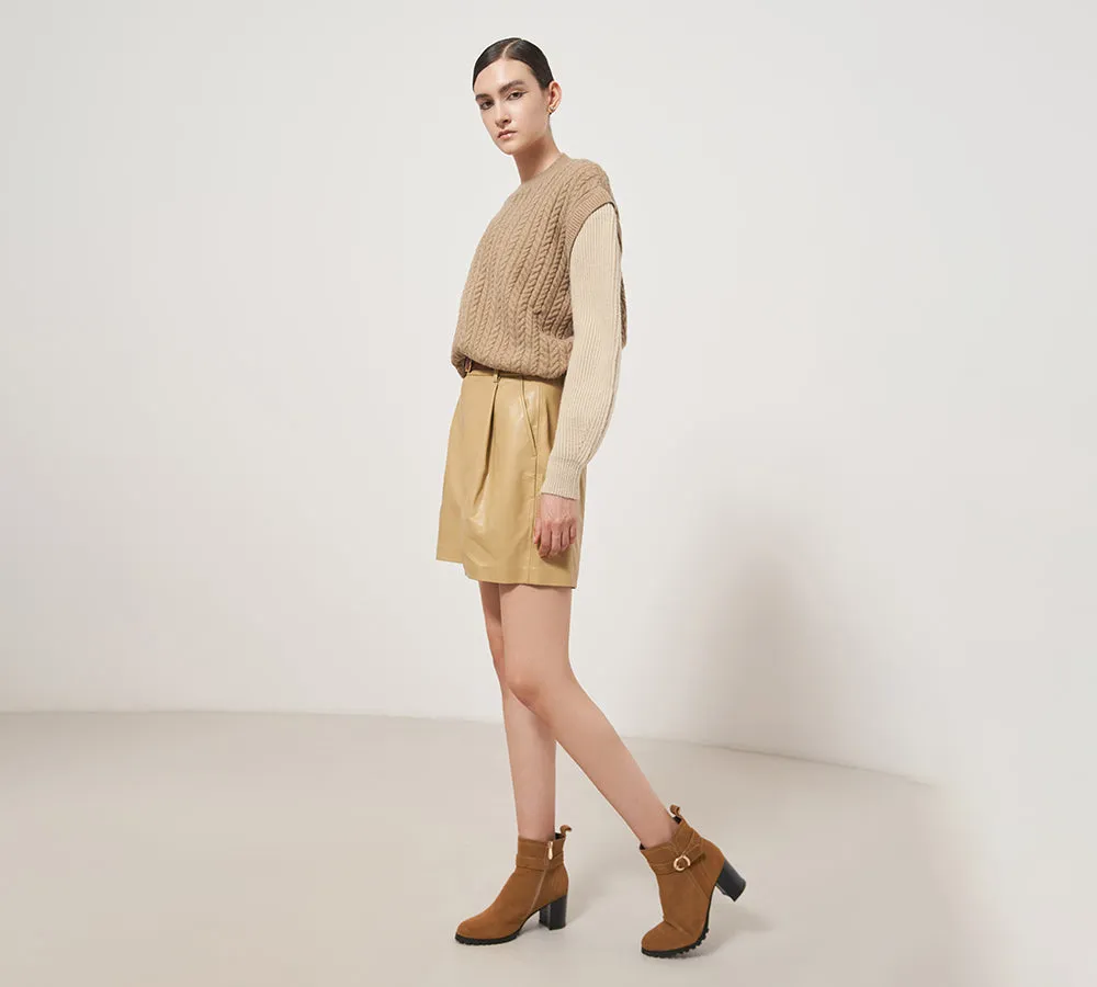 Women Heels Suede Leather Zipper Ankle Block Heel Boots Vica
