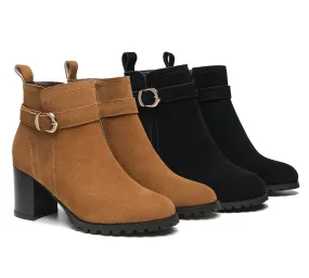 Women Heels Suede Leather Zipper Ankle Block Heel Boots Vica