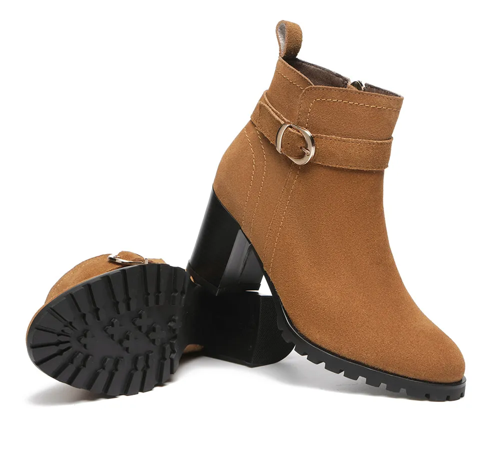 Women Heels Suede Leather Zipper Ankle Block Heel Boots Vica