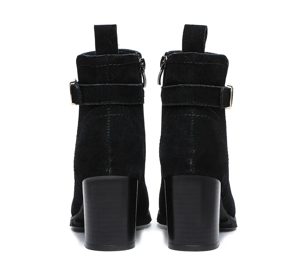 Women Heels Suede Leather Zipper Ankle Block Heel Boots Vica