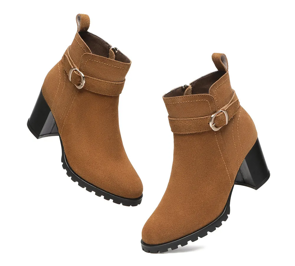 Women Heels Suede Leather Zipper Ankle Block Heel Boots Vica