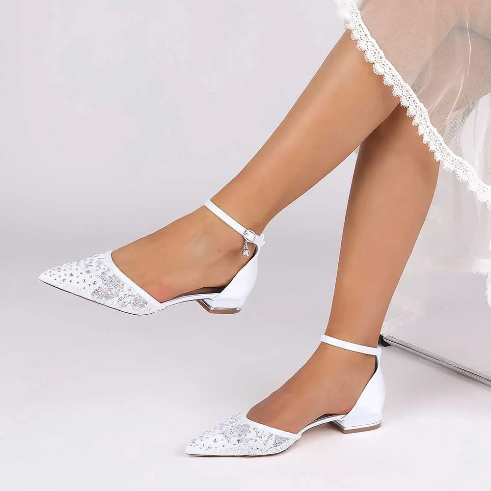 Women Lace Satin Flat Shoes Rhinestones Ballet Flats Sparkle Wedding Shoes