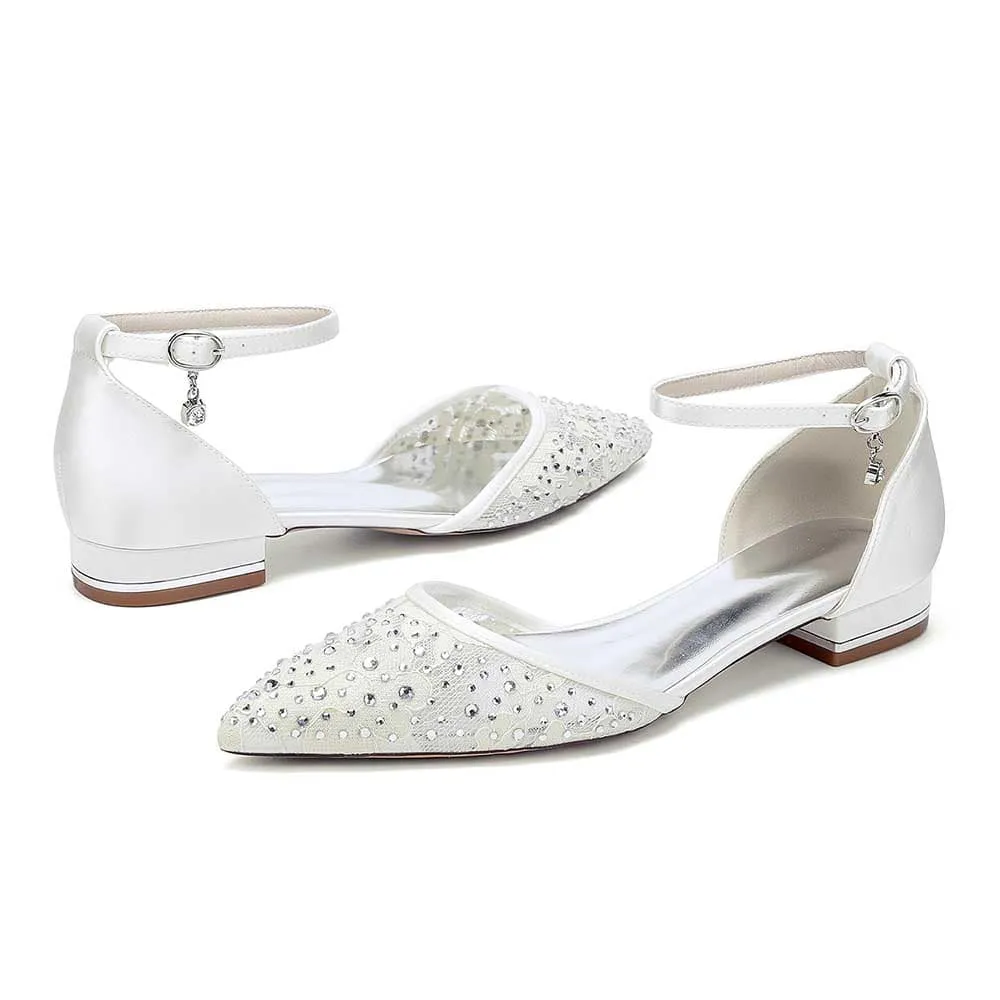 Women Lace Satin Flat Shoes Rhinestones Ballet Flats Sparkle Wedding Shoes