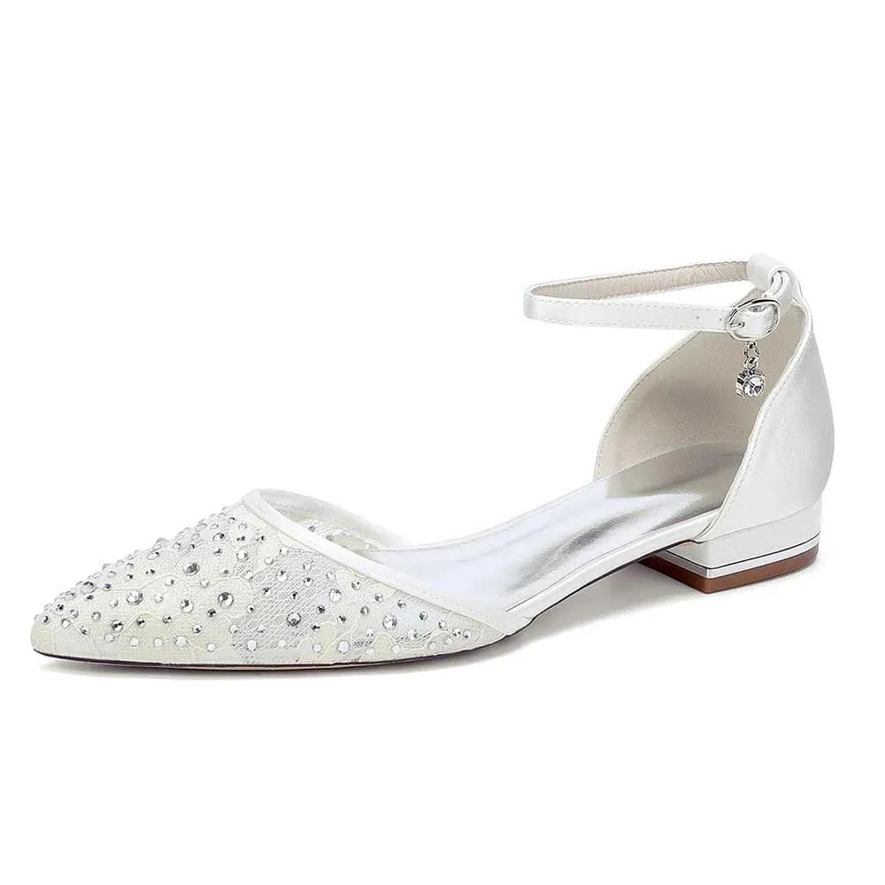 Women Lace Satin Flat Shoes Rhinestones Ballet Flats Sparkle Wedding Shoes