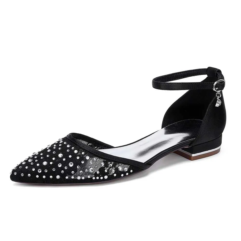 Women Lace Satin Flat Shoes Rhinestones Ballet Flats Sparkle Wedding Shoes