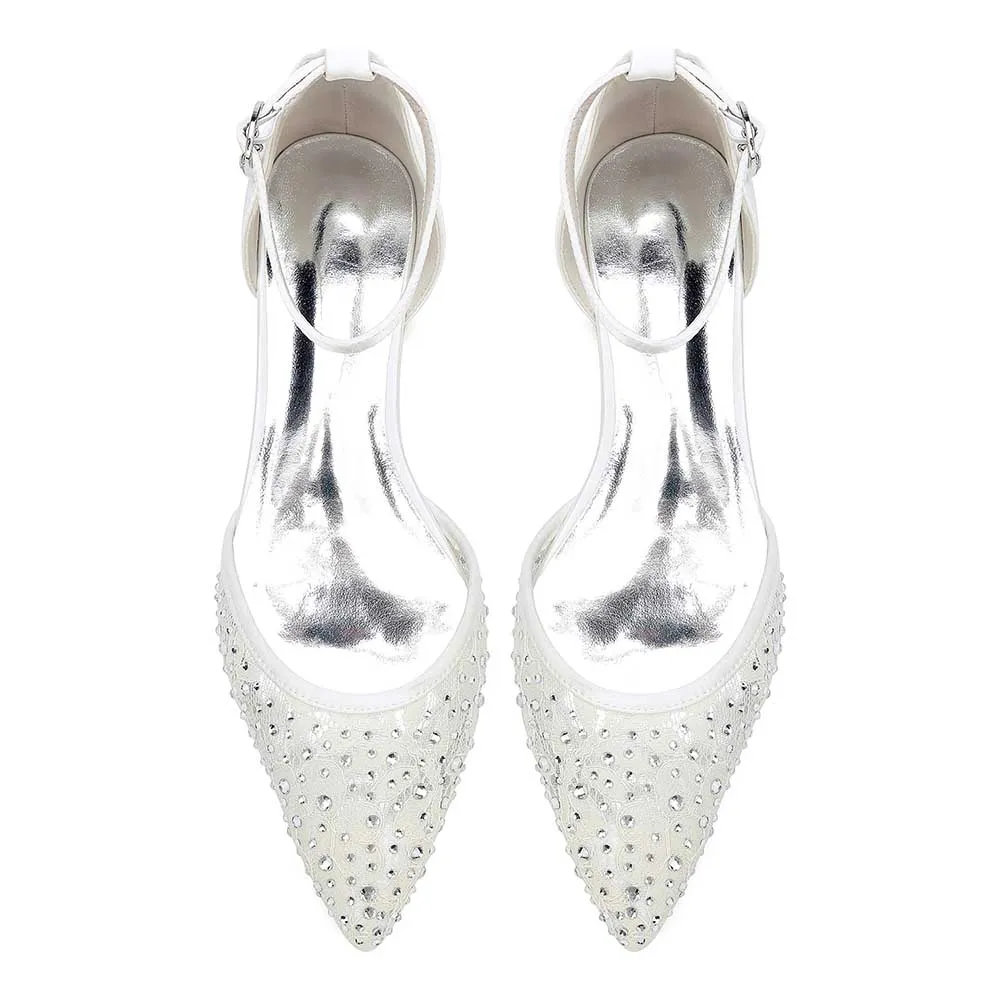 Women Lace Satin Flat Shoes Rhinestones Ballet Flats Sparkle Wedding Shoes