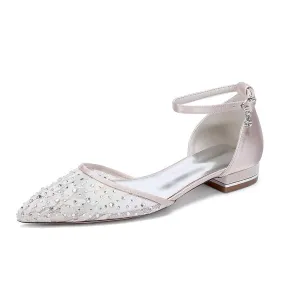 Women Lace Satin Flat Shoes Rhinestones Ballet Flats Sparkle Wedding Shoes