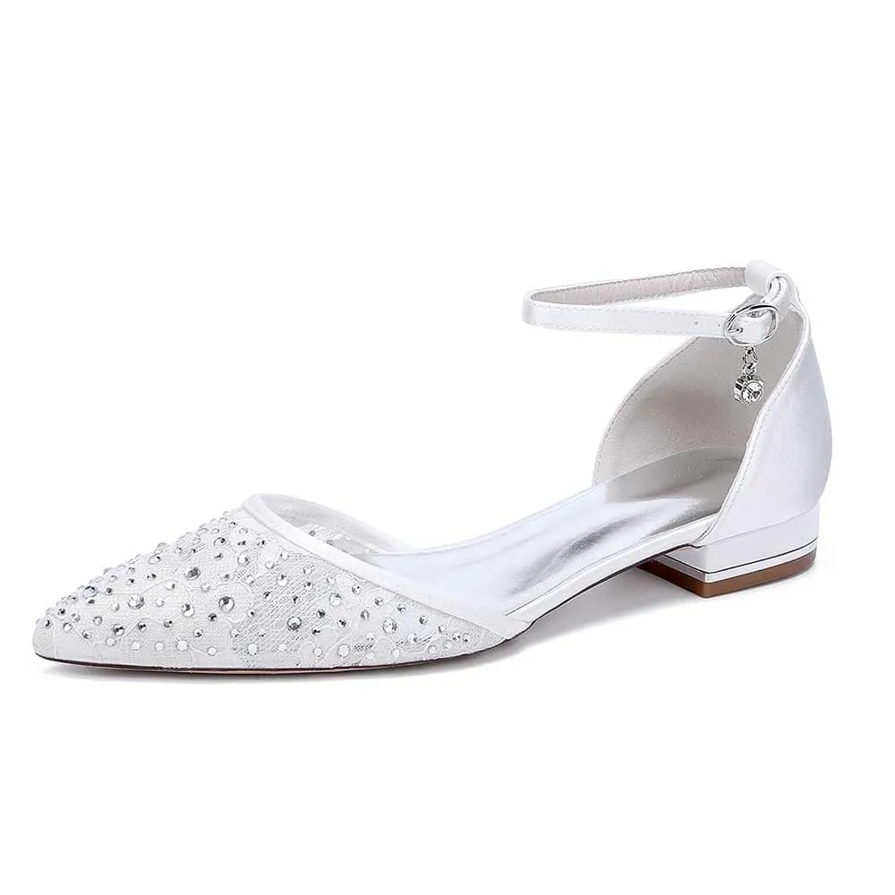 Women Lace Satin Flat Shoes Rhinestones Ballet Flats Sparkle Wedding Shoes