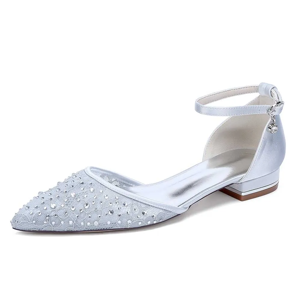 Women Lace Satin Flat Shoes Rhinestones Ballet Flats Sparkle Wedding Shoes