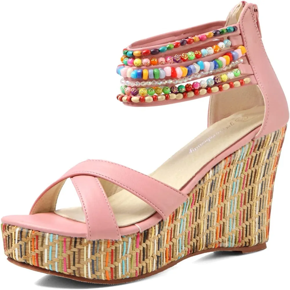 Women Wedge Sandals With Pearls Weave On Platform